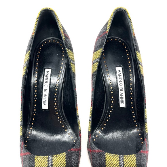 Manolo Blahnik BB Yellow Black Plaid Tartan Pointed Toe Heels Pumps Shoes 39 9 - Picture 4 of 10